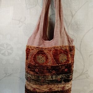 Velvet Patchwork Hobo Bag in Pink and Brown
